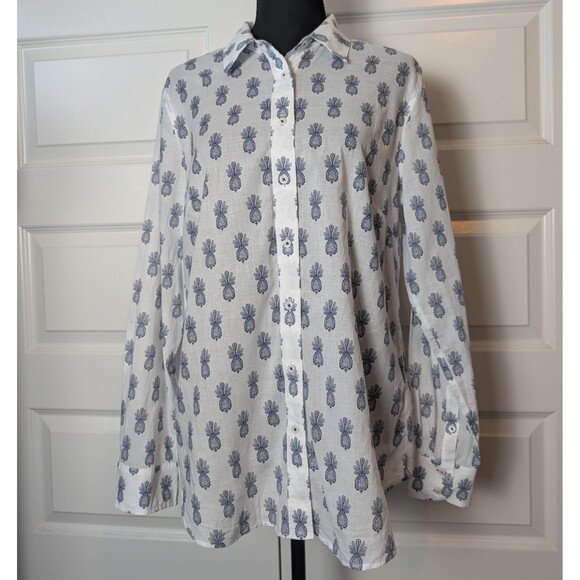 Talbots Size M Blouse Pineapple Medallion Lightweight Button Up Cotton Chic - Picture 2 of 10